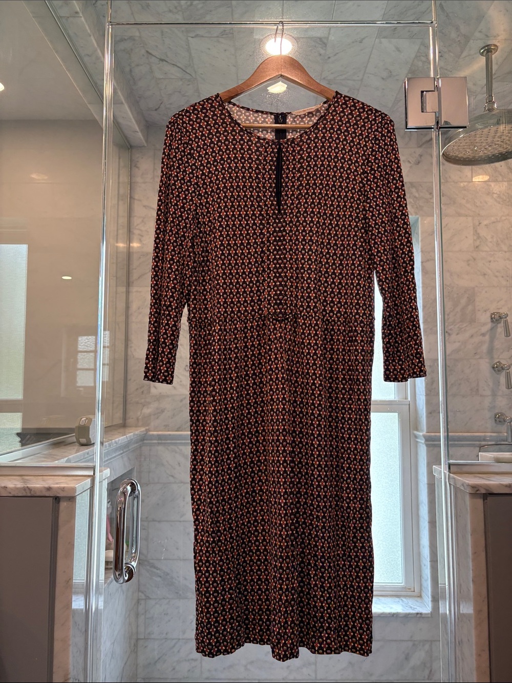 Tory Burch Long Sleeve Patterned Midi Dress in Navy, Light Blue and Orange